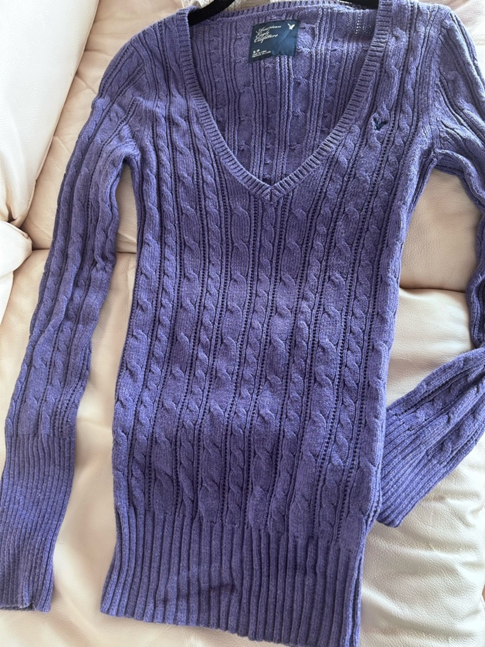 American Eagle Outfitters Purple Cable-Knit V-Neck Sweater